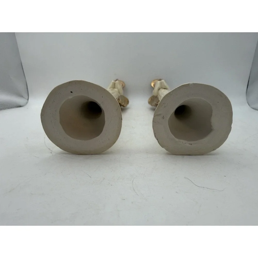 Vintage Pair Ceramic Praying Angel Pencil Candleholders Gold Wings 8.5